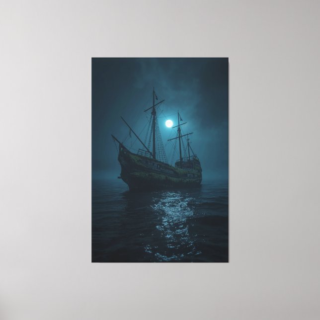 Ghost Ship Under the Moon – Haunted Ocean Night Canvas Print (Front)