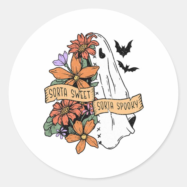 Ghost Sorta Sweet Sorta Spooky Floral  Classic Round Sticker (Front)