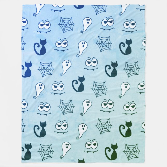 Ghost, Spiderwebs and Black Cats Blue Fleece Blanket (Front)
