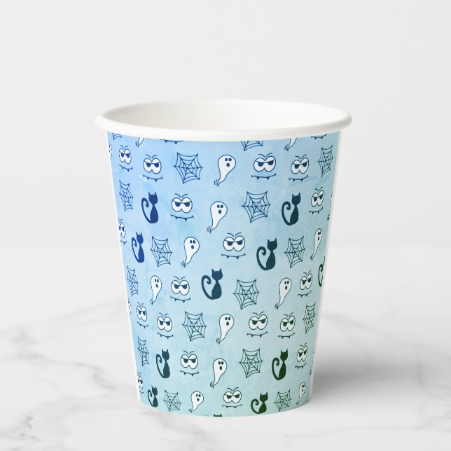 Ghost, Spiderwebs and Black Cats Blue Paper Cups (Front)