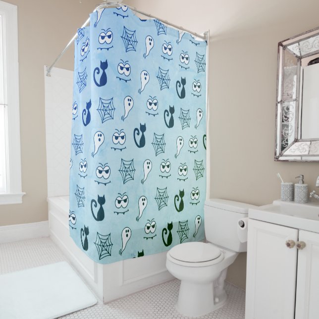 Ghost, Spiderwebs and Black Cats Blue Shower Curtain (In Situ)