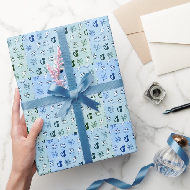 Ghost, Spiderwebs and Black Cats Blue Wrapping Paper (Gifting)