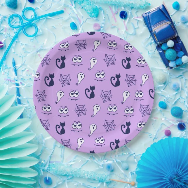 Ghost, Spiderwebs and Black Cats Purple Paper Plate (Party)