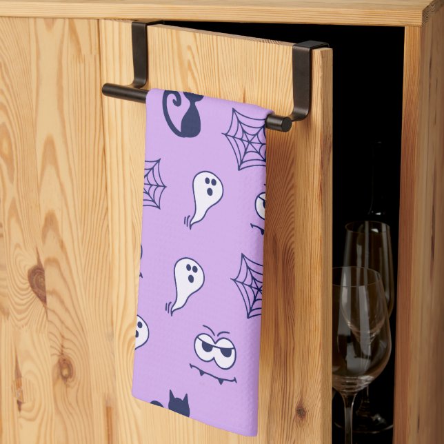 Ghost, Spiderwebs and Black Cats Purple Tea Towel (Thirds Fold)