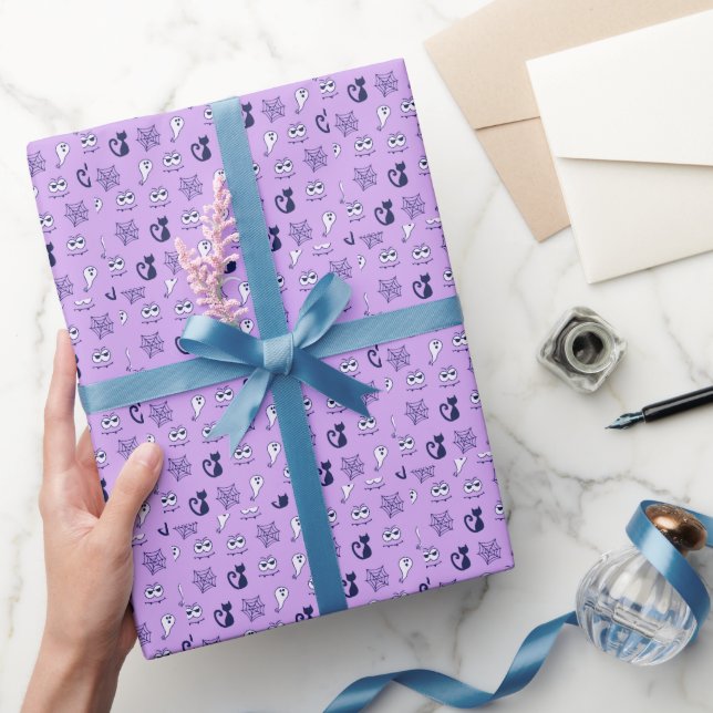 Ghost, Spiderwebs and Black Cats Purple Wrapping Paper (Gifting)