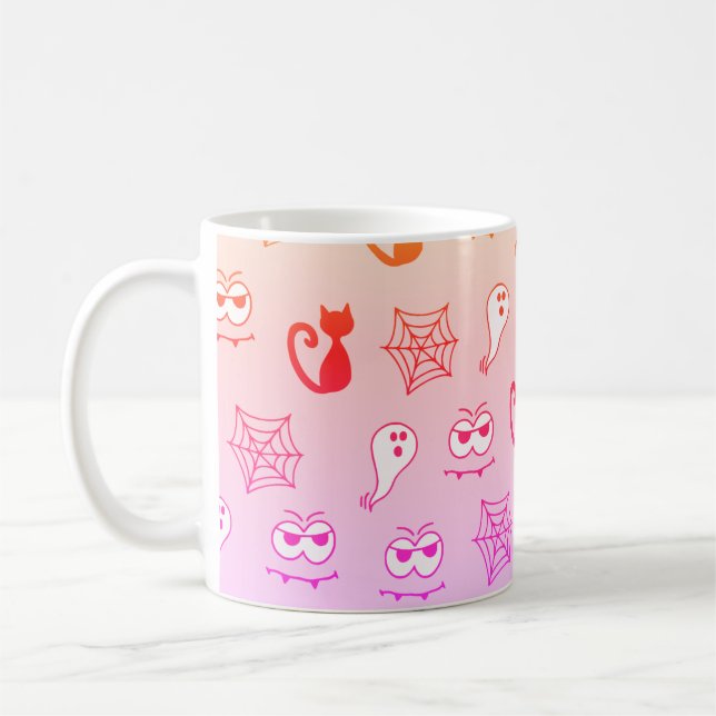 Ghost, Spiderwebs and Black Cats Rainbow Pink Coffee Mug (Left)