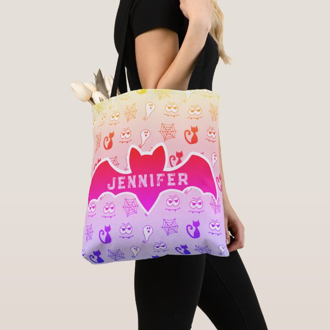 Ghost, Spiderwebs and Black Cats Rainbow Tote Bag (Close Up)