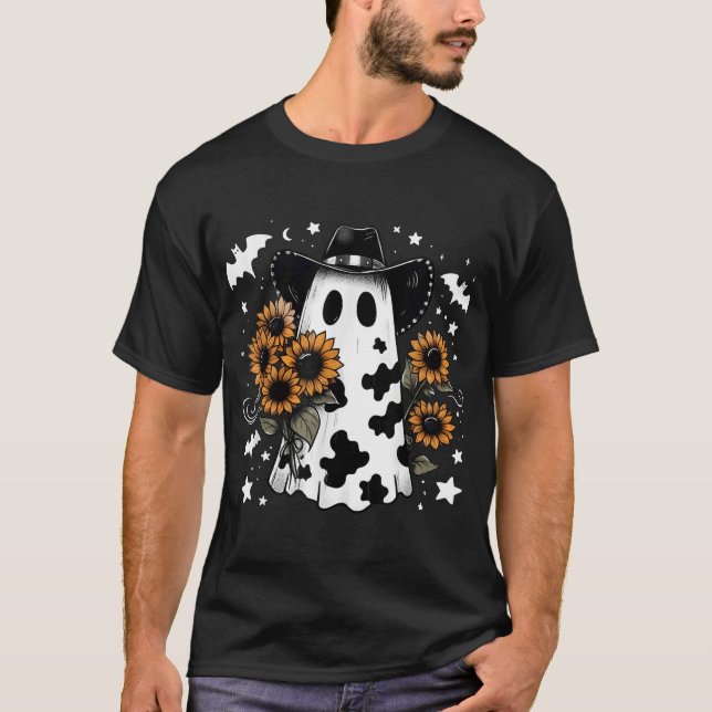 Ghost Spooky Season Halloween Sunflower Cowboy  T-Shirt (Front)