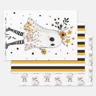 Ghost& Sunflowers with Stripe Pattern Halloween Wrapping Paper Sheet