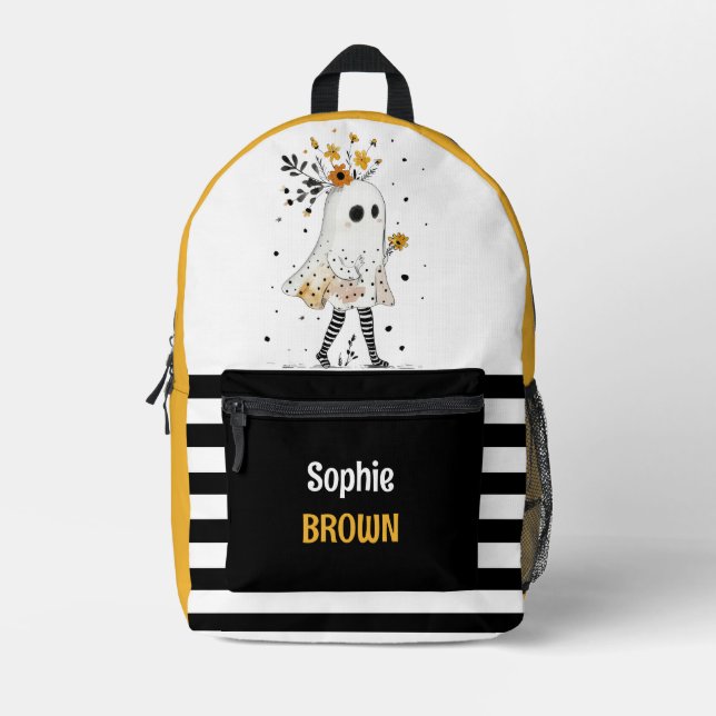 Ghost& Sunflowers with Stripe Pattern with Name  Printed Backpack (Front)