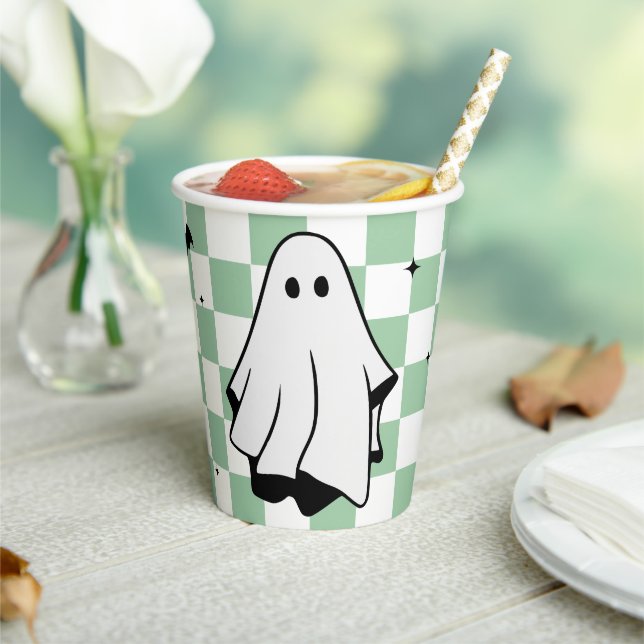Ghost-Themed Halloween Chequered Paper Cups (Insitu)