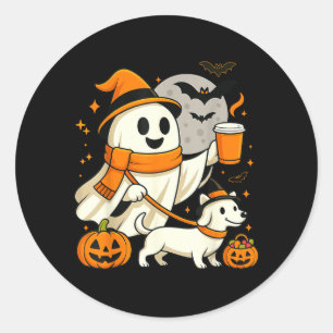Ghost Walking Dachshund Spooky Season Halloween Classic Round Sticker