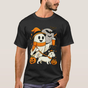 Ghost Walking Dachshund Spooky Season Halloween T-Shirt