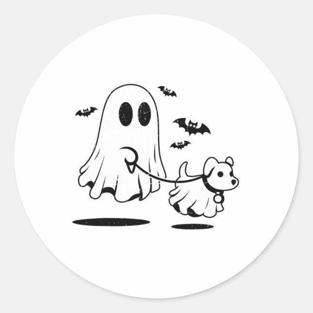Ghost Walking Dog Dressed As Ghost Funny Halloween Classic Round Sticker (Front)