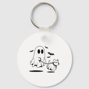 Ghost Walking Dog Dressed As Ghost Funny Halloween Key Ring