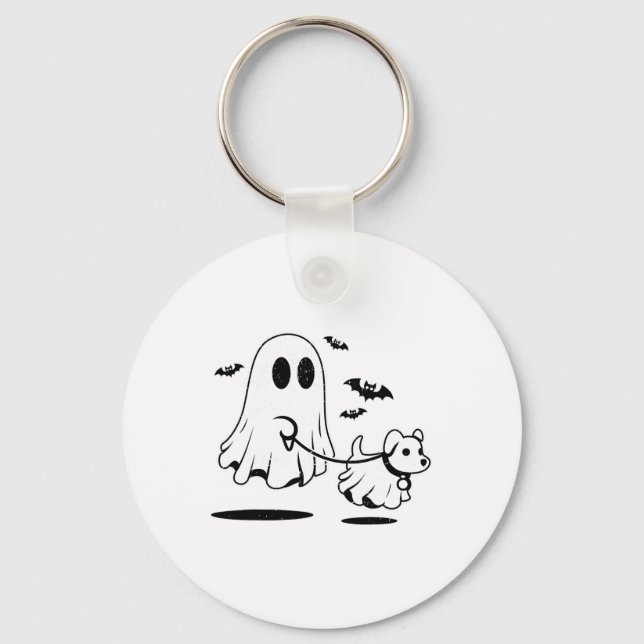 Ghost Walking Dog Dressed As Ghost Funny Halloween Key Ring (Front)