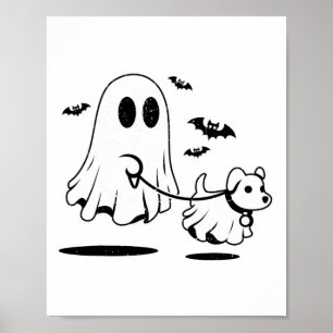 Ghost Walking Dog Dressed As Ghost Funny Halloween Poster