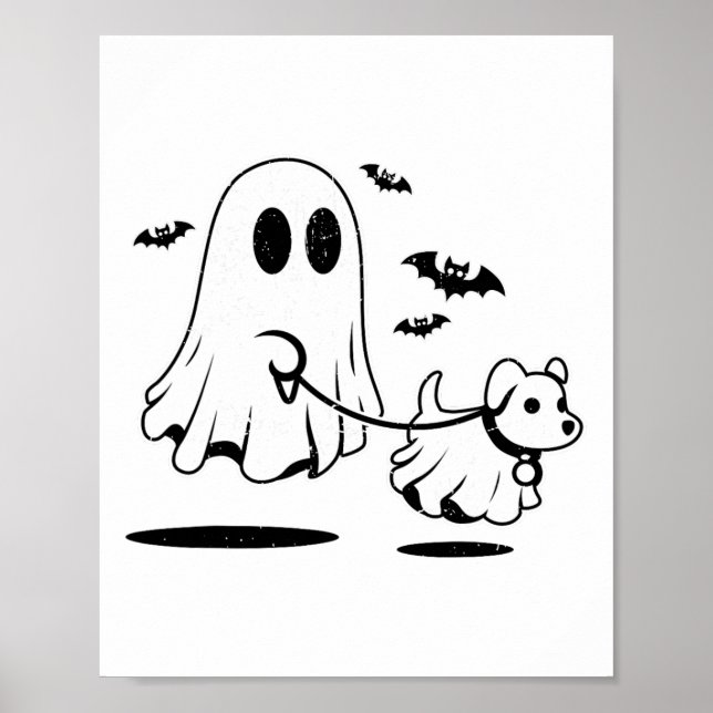 Ghost Walking Dog Dressed As Ghost Funny Halloween Poster (Front)