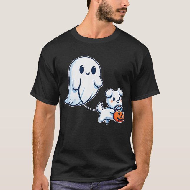 Ghost Walking Dog Funny Halloween Ghost Spooky T-Shirt (Front)