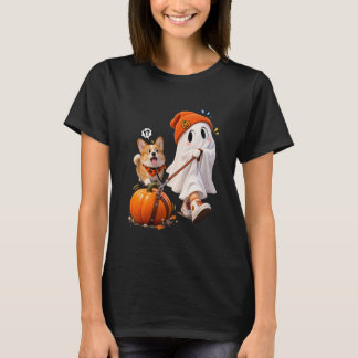 Ghost Walks a Pumpkin While the Dog Watches Behind T-Shirt