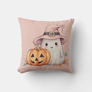 Ghost Witches Hat Pumpkin Light Pink Halloween Cushion