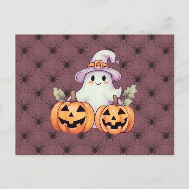 Ghost Witches Hat Pumpkins Spiders Halloween Holiday Postcard (Front)