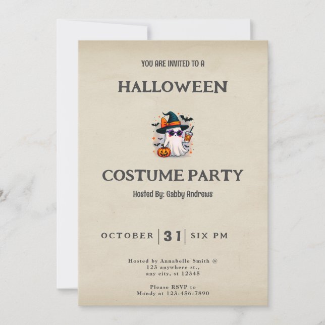 Ghost Witches Hat Stars Coffee Vintage Halloween Invitation (Front)