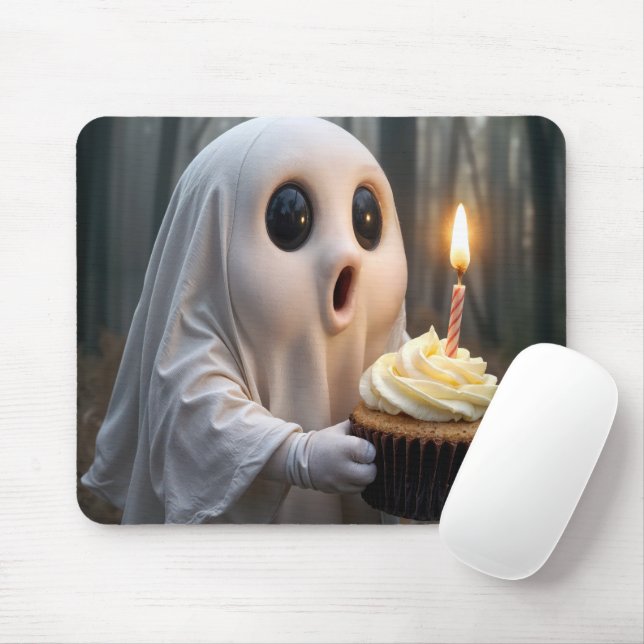 Ghost With a Birthday Cupcake Mouse Mat (With Mouse)