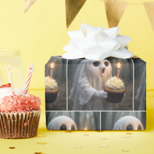 Ghost With a Birthday Cupcake Wrapping Paper