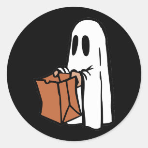 Ghost with Bag Trick or Treating on Black Classic Round Sticker
