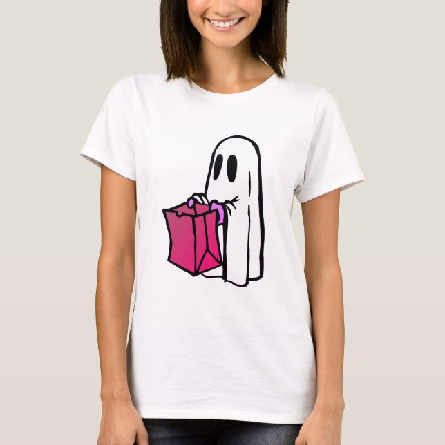 Ghost with Bag Trick or Treating  T-Shirt (Front)