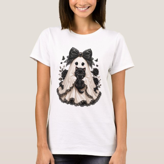 Ghost with Black Cat Gothic Halloween Shirt (Front)