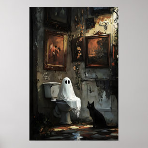 Ghost with black cat on toilet print, dark poster