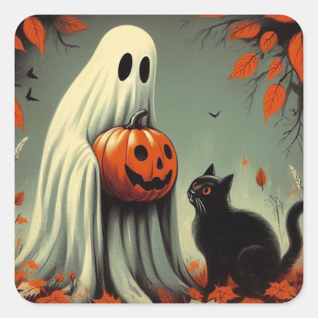 Ghost with Black Cat Retro Halloween  Square Sticker (Front)