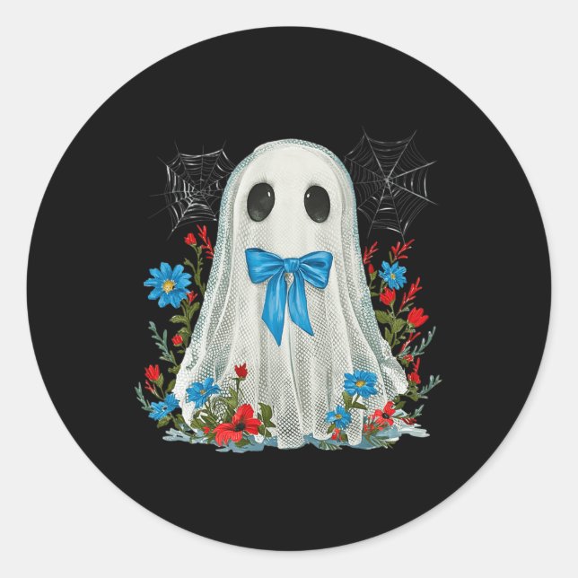Ghost With Blue Bow Coquette And Flowers Halloween Classic Round Sticker (Front)