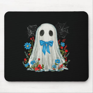 Ghost With Blue Bow Coquette And Flowers Halloween Mouse Mat