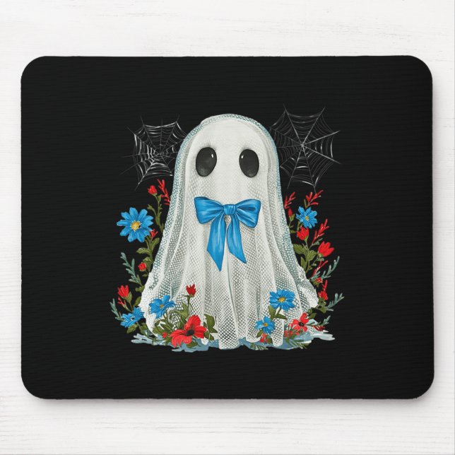 Ghost With Blue Bow Coquette And Flowers Halloween Mouse Mat (Front)