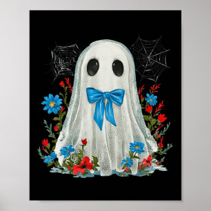 Ghost With Blue Bow Coquette And Flowers Halloween Poster