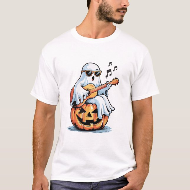 Ghost with Guitar Cool Halloween Music T-Shirt (Front)