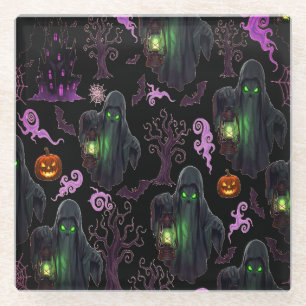 Ghost with Lantern and Green Eyes Halloween Night Glass Coaster