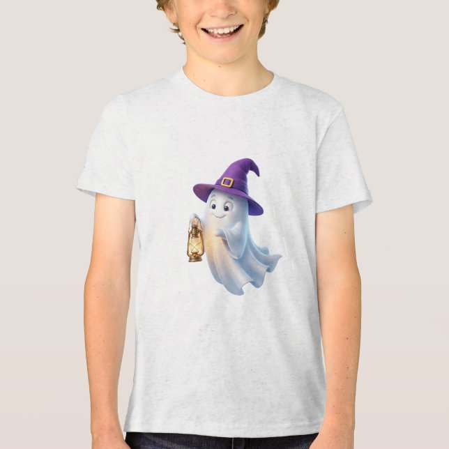 Ghost with Lantern Spooky Halloween Design Tri-Blend Shirt (Front)