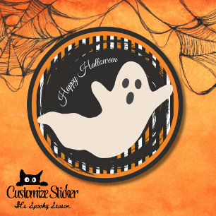 Ghost with Orange & Black Vintage Stripe Classic Round Sticker
