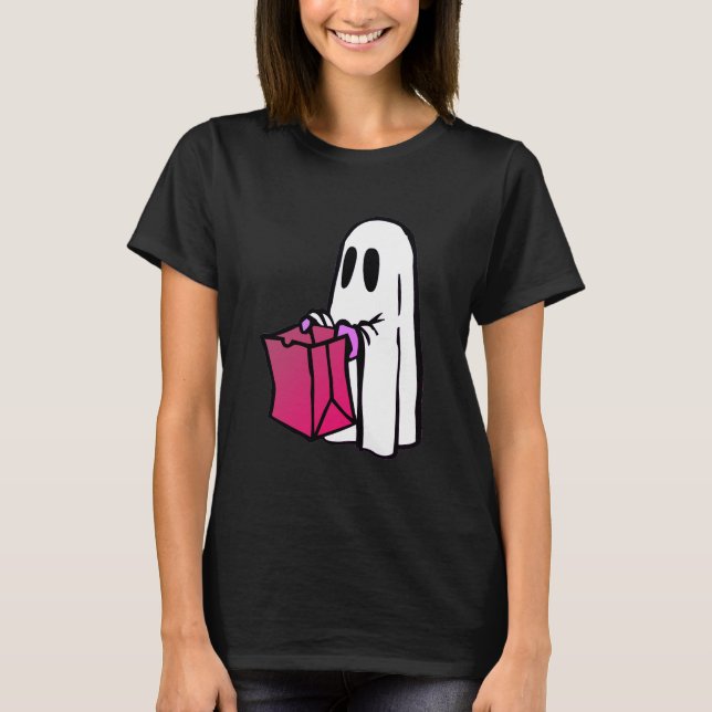 Ghost with Pink Bag Trick or Treating  T-Shirt (Front)