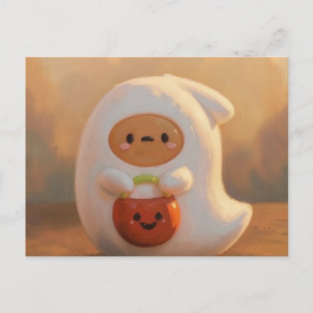 Ghost with pumpkin pail halloween postcard (Front)