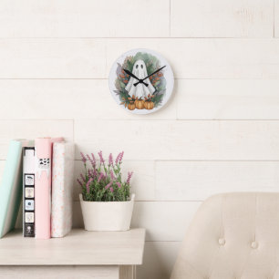 Ghost with Pumpkins and Autumn Leaves Round Clock