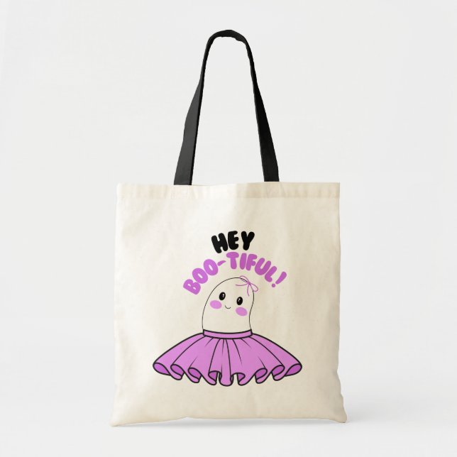 Ghost with Purple Skirt & Hey Boo-tiful! Halloween Tote Bag (Front)