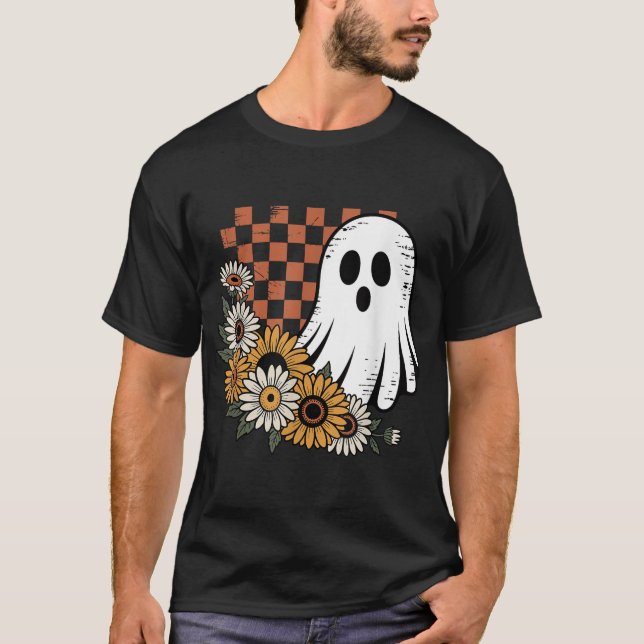 Ghost With Sunflowers Halloween Vibes  T-Shirt (Front)