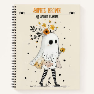 Ghost with Sunflowers& Name Whimsical Halloween  Notebook