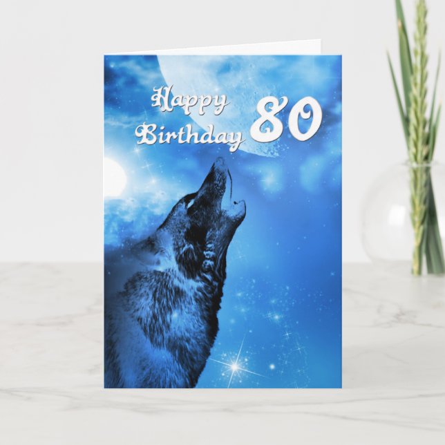 Ghost wolf howling 80th birthday card (Front)