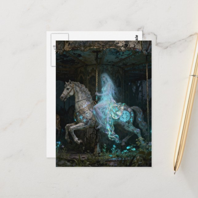 Ghost Woman on Abandoned Carousel Postcard (Front/Back In Situ)